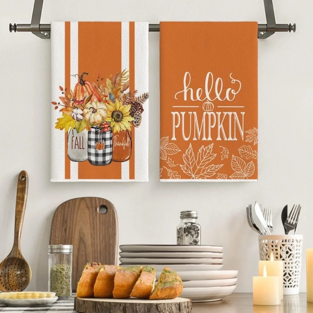 Set of 2 Hello Pumpkin Fall Kitchen Towels , 18x26 Inch Seasonal Hand Towels